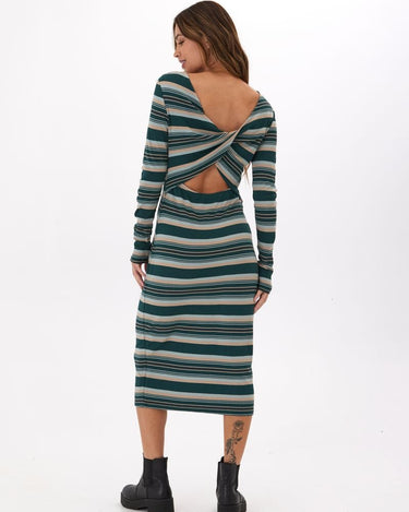 Mira Yukon Stripe Feather Rib 2-Way Twist Long Sleeve Midi Dress Threads 4 Thought 