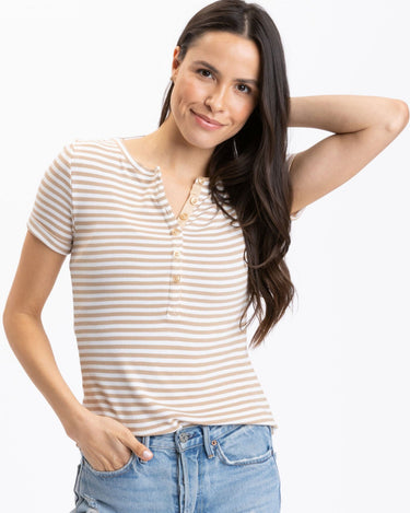 Akia Stripe Feather Rib Henley Tee Womens Tops Short Threads 4 Thought 