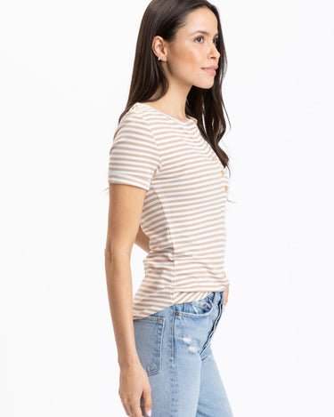 Akia Stripe Feather Rib Henley Tee Womens Tops Short Threads 4 Thought 