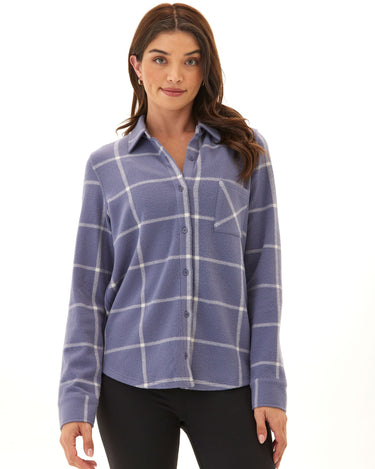 Kandyce Prairie Plaid Knit Fleece Button-Up Womens Tops Long Shirt Threads 4 Thought 