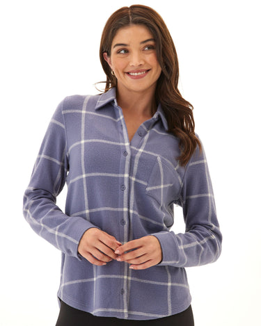 Kandyce Prairie Plaid Knit Fleece Button-Up Womens Tops Long Shirt Threads 4 Thought 