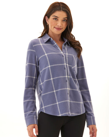 Kandyce Prairie Plaid Knit Fleece Button-Up Womens Tops Long Shirt Threads 4 Thought 