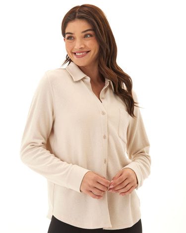 Kandyce Solid Knit Fleece Button-Up Womens Tops Long Shirt Threads 4 Thought 