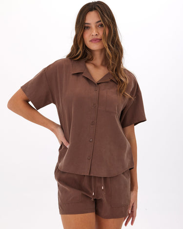 Mikaela Breezy Linen Button-Up Womens Tops Short Threads 4 Thought 