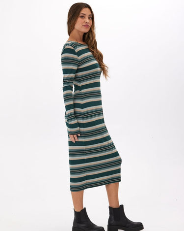 Mira Yukon Stripe Feather Rib 2-Way Twist Long Sleeve Midi Dress Threads 4 Thought 