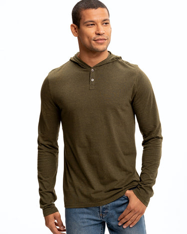 Long Sleeve Triblend 2-Button Henley Hoodie Mens Tops Tshirt Long Threads 4 Thought 