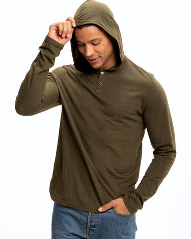 Long Sleeve Triblend 2-Button Henley Hoodie Mens Tops Tshirt Long Threads 4 Thought 