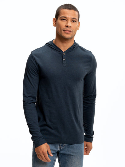 Long Sleeve Triblend 2-Button Henley Hoodie Mens Tops Tshirt Long Threads 4 Thought 