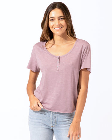 Whitlea Raw Edge Baby Henley Womens Tops Short Threads 4 Thought 