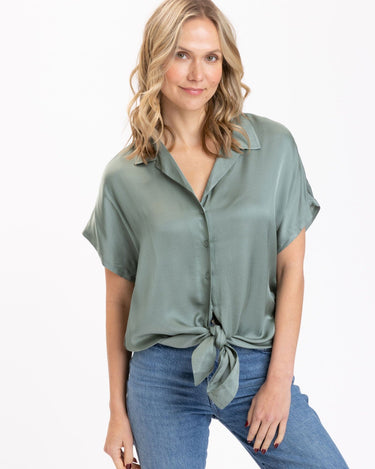 Sheena Sateen Button-Up Womens Tops Short Threads 4 Thought 